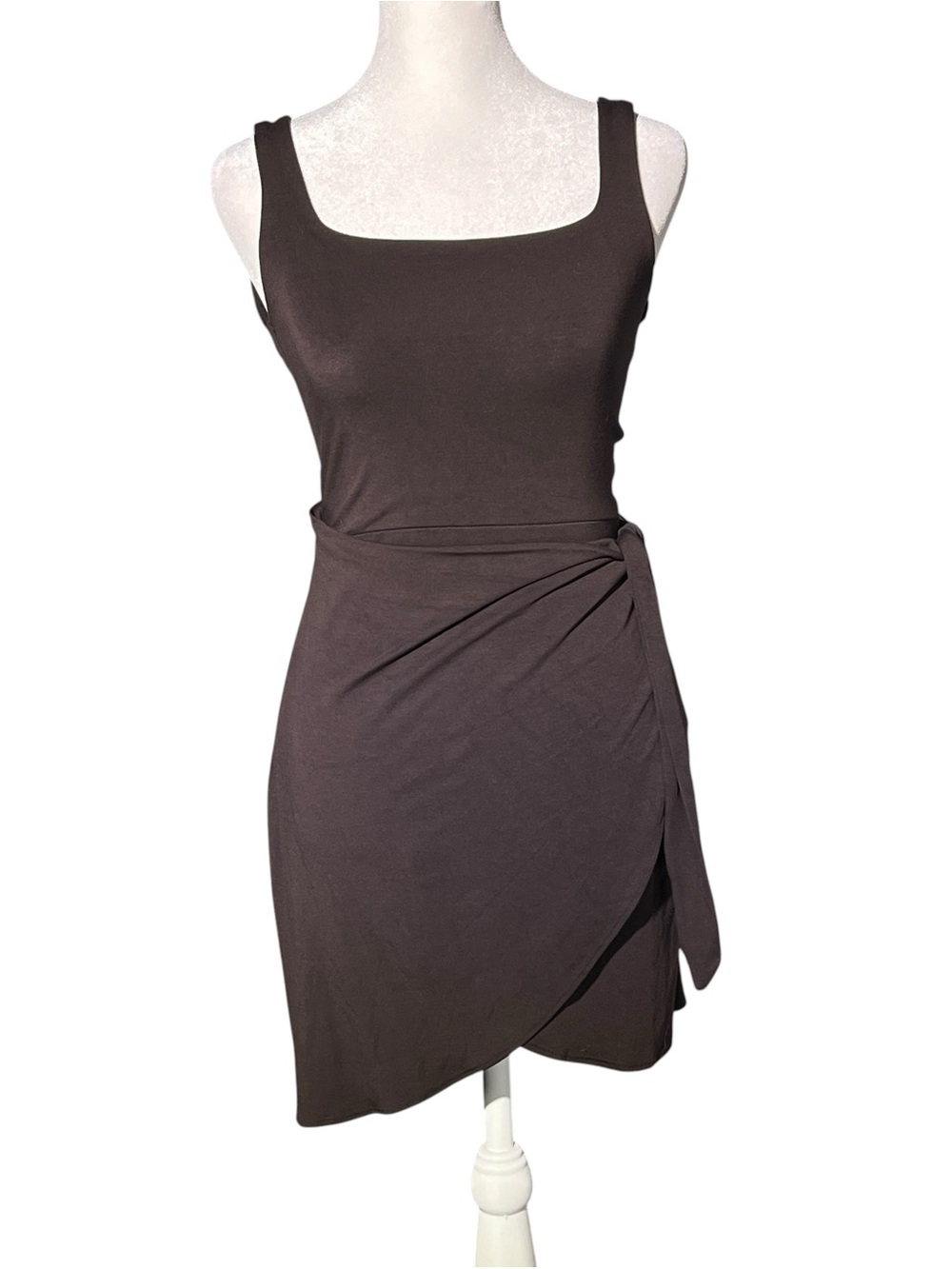 WILFRED Aritzia Dark Brown Faux Wrap Square Neck Stretch Mini Dress Size XS - Picture 2 of 13